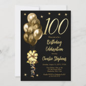Invitation Ballons d'or élégant sur Black 100 Anniversaire Pa (Devant)
