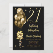 Invitation Ballons d'or élégants sur Black 21st Birthday Part (Devant)