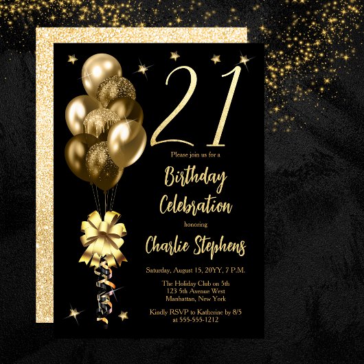 Invitation Ballons d'or élégants sur Black 21st Birthday Part