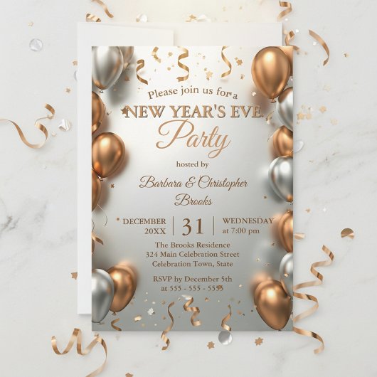 Invitation Ballons d'or et d'argent rose fête du Nouvel An