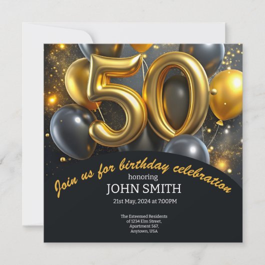 Invitation Ballons d'or noir 50e anniversaire scintillant (Devant)
