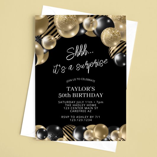 Invitation Ballons d'or noir Surprise 50e anniversaire
