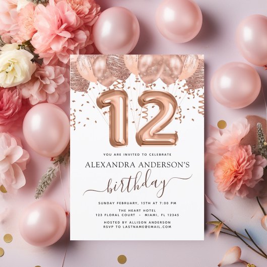 Invitation Ballons d'or rose 12e anniversaire Confetti
