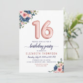 Invitation Ballons d'or rose 16e anniversaire Floral Navy Blu (Debout devant)