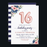 Invitation Ballons d'or rose 16e anniversaire Floral Navy Blu<br><div class="desc">Floral Navy Blue Blush Pink Balloon Sweet 16th Birthday Invitation Le design présente des fleurs bleu marine et rose rousse avec un accent ballon d'or rose. Si vous souhaitez modifier les ballons numérotés,  n'hésitez pas à m'envoyer un courriel à panggadesigns@gmail.com</div>
