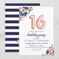 Ballons d'or rose 16e anniversaire Floral Navy Blu