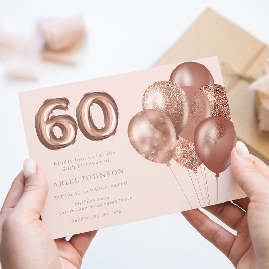 Invitation Ballons d'or rose 60e fête d'anniversaire