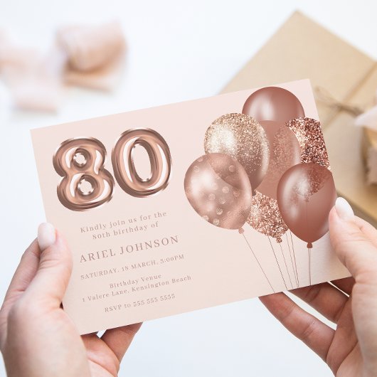 Invitation Ballons d'or rose 80e fête d'anniversaire