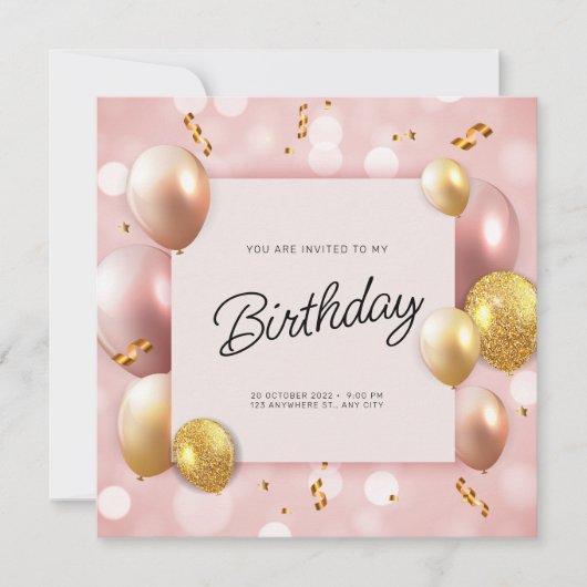 Invitation Ballons d'or rose Anniversaire (Devant)