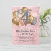 Invitation Ballons d'or rose argent fille 4e anniversaire (Debout devant)