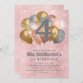 Invitation Ballons d'or rose argent fille 4e anniversaire (Devant / Derrière)