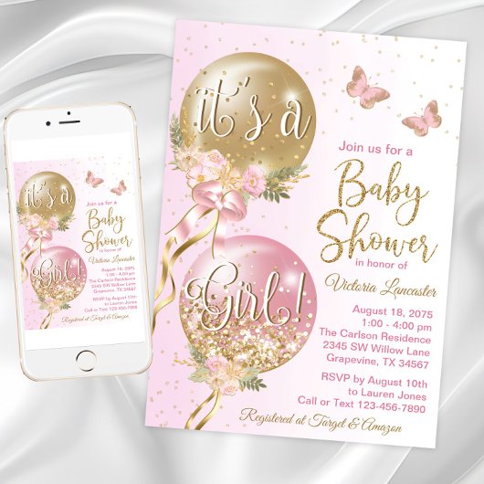 Invitation Ballons d'or rose Baby shower papillon