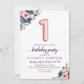Invitation Ballons d'or rose Floral Navy Blush 1er Anniversai (Devant)