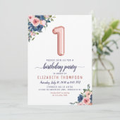 Invitation Ballons d'or rose Floral Navy Blush 1er Anniversai (Debout devant)