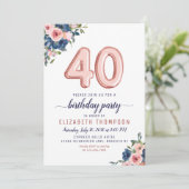 Invitation Ballons d'or rose Floral Navy Blush 40e anniversai (Debout devant)