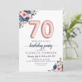 Invitation Ballons d'or rose Floral Navy Blush 70e anniversai (Debout devant)