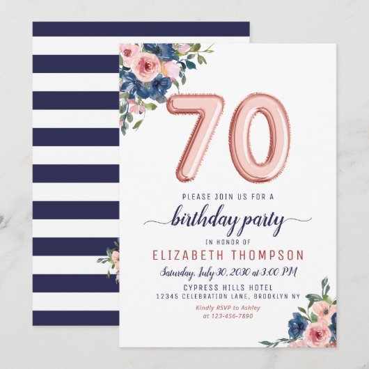 Invitation Ballons d'or rose Floral Navy Blush 70e anniversai (Devant / Derrière)
