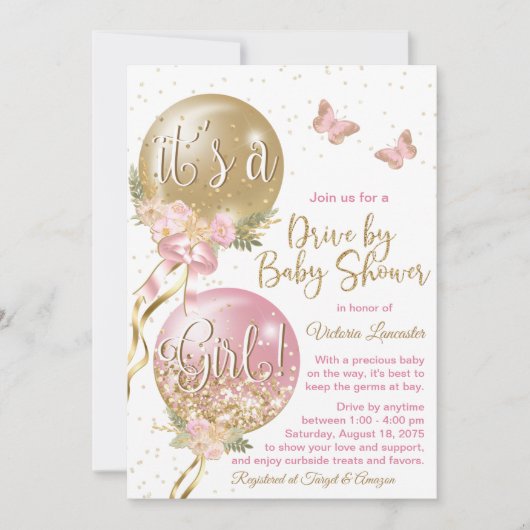 Invitation Ballons d'or rose Papillon Baby shower de la capsu (Devant)