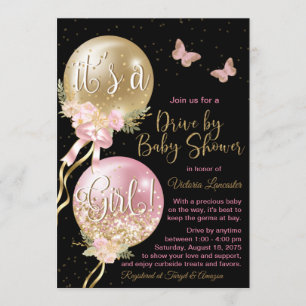 Invitation Ballons d'or rose Papillons Covid Baby shower