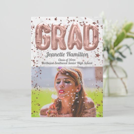 Invitation Ballons d'or rose Pink Confetti Girls Graduation (Debout devant)