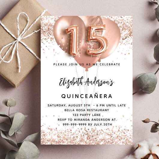 Invitation Ballons d'or rose Quinceanera blanc