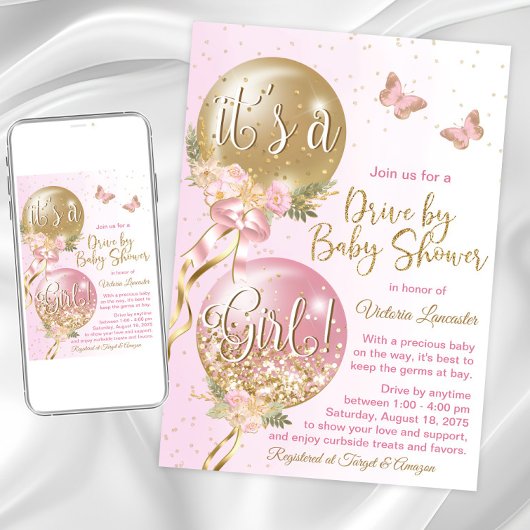 Invitation Ballons d'or rose Volet papillon par Baby shower