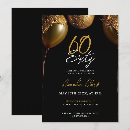 Invitation Ballons d'or sur Arrière - plan noir 60e anniversa (Devant / Derrière)