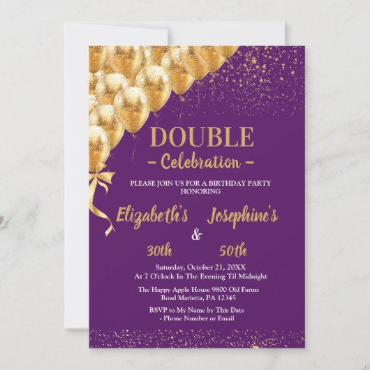 Invitation Ballons d'or violet parties scintillant double (Devant)