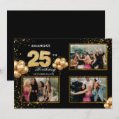 Invitation Ballons dorés argentés noirs pour 25e anniversaire (Devant / Derrière)