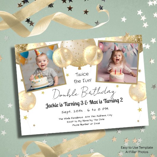 Invitation Ballons dorés Double Anniversaire Or Enfants Fête