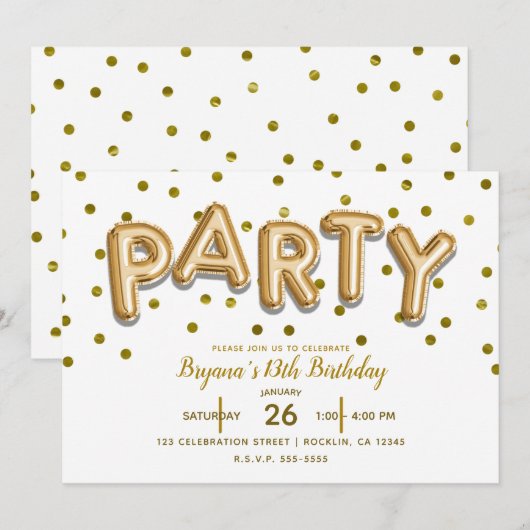 Invitation Ballons dorés et confettis d'anniversaire de TOUTE (Devant / Derrière)