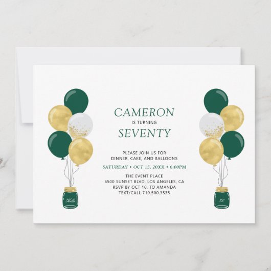 Invitation Ballons Dorés et Verts Fête d'Anniversaire Moderne (Devant)