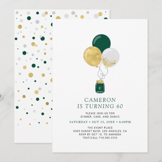 Invitation Ballons Dorés et Verts Fête d'Anniversaire Moderne (Devant / Derrière)