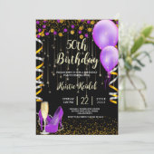 Invitation Ballons dorés et violets et Champagne (Debout devant)