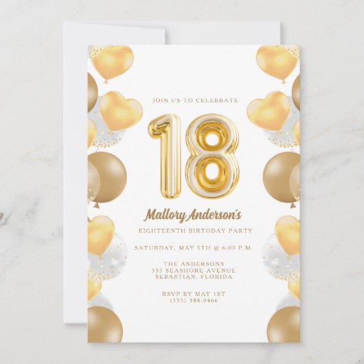 Invitation Ballons Dorés Fête d'anniversaire 18 ans (Devant)