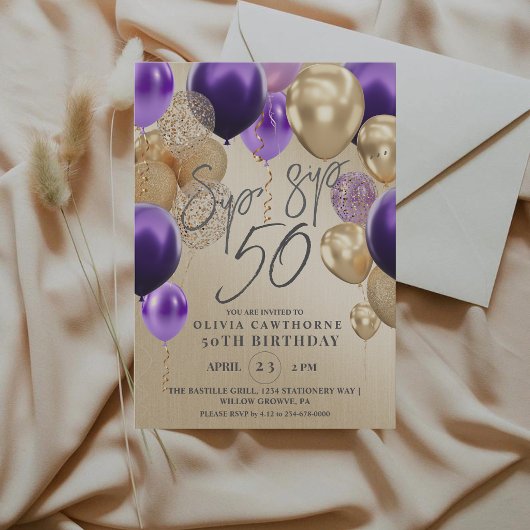 Invitation Ballons Dorés Modernes Violets Fête d'anniversaire