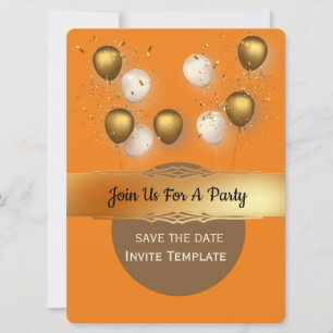 Invitation Ballons dorés pour fête avec confettis