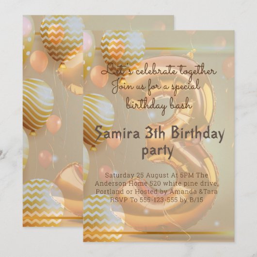 Invitation "Ballons Dorés pour les 3 ans !" (Devant / Derrière)
