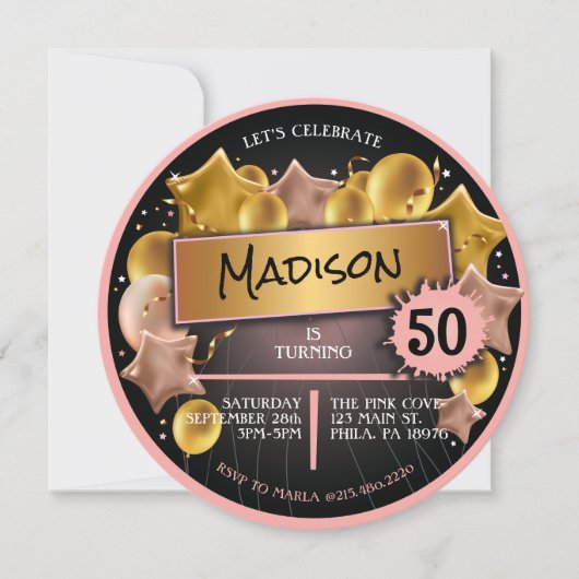 Invitation Ballons dorés rose 50e 60e anniversaire (Devant)