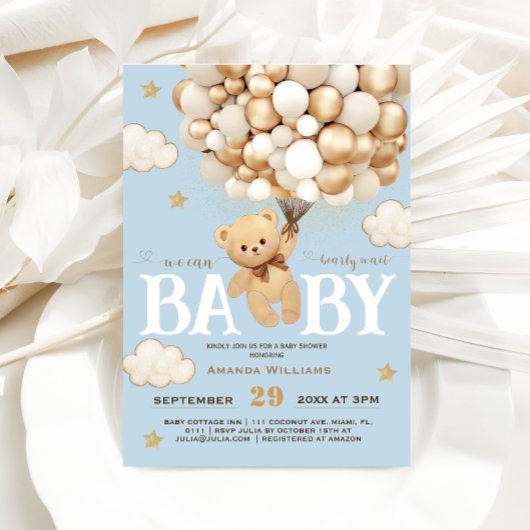 Invitation Ballons d'ours Bearly Wait Baby shower Bleu clair