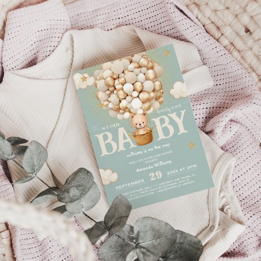 Invitation Ballons d'ours Bearly Wait Baby shower vert sauge 