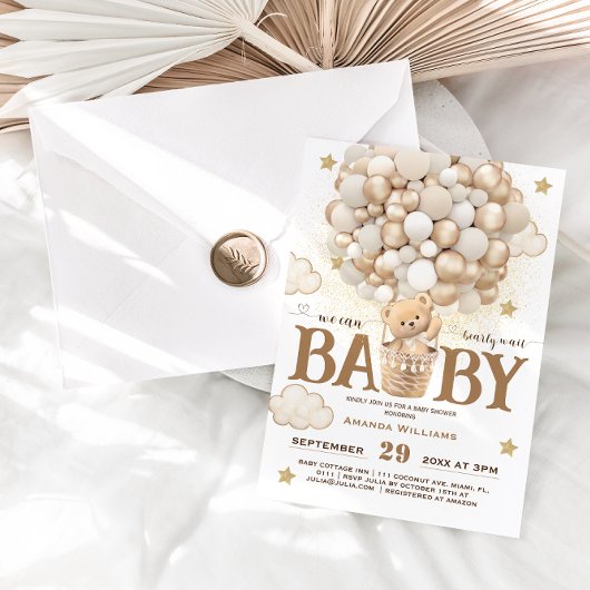 Invitation Ballons d'ours Bearly Wait Boho Baby shower blanc