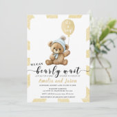 Invitation Ballons d'ours bleu or baby shower garçon invitati (Debout devant)