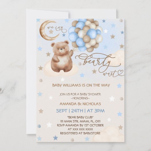 Invitation Ballons d'ours en peluche Baby shower Whimsical Bl (Devant)