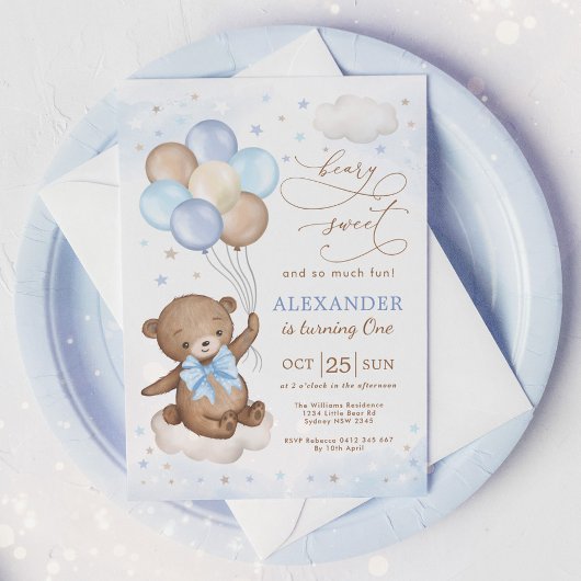 Invitation Ballons d'ours en peluche bleu doux Anniversaire
