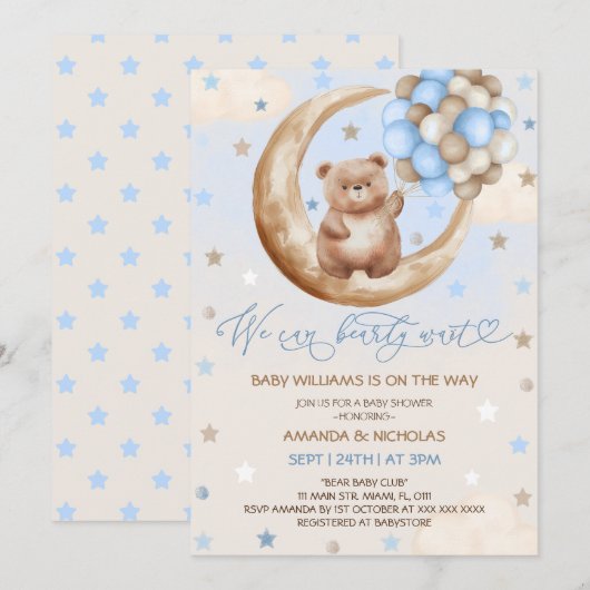 Invitation Ballons d'ours en peluche et Baby shower de garçon (Devant / Derrière)
