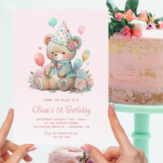 Invitation Ballons d'ours en peluche rose 1er anniversaire