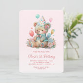 Invitation Ballons d'ours en peluche rose 1er anniversaire (Debout devant)