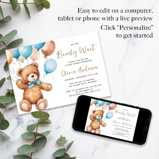 Invitation Ballons d'ours mignons Nous Pouvons Bearly Wait Ba