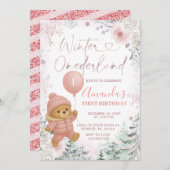 Invitation Ballons d'ours rose Pastel Hiver Onederland (Devant / Derrière)